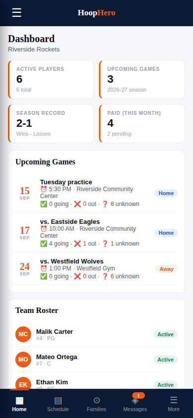 Coach dashboard on a phone: players, upcoming games, record and revenue at a glance