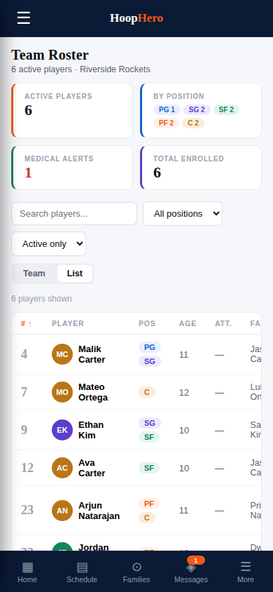 Coach roster on a phone: players, jersey numbers and positions