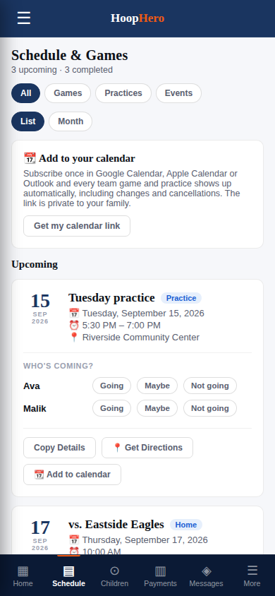 HoopHero installed on a phone: the parent schedule with one-tap RSVP